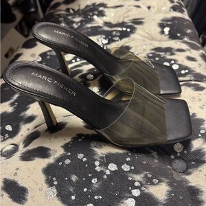 Marc Fisher Black and Smoke Gray Transparent Mule Heeled Sandal size 8